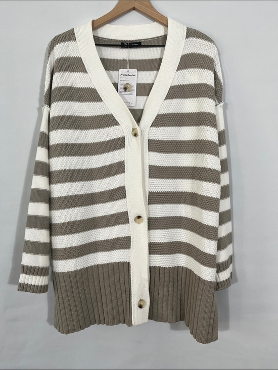 PrettyGarden Sweaters - Striped V-Neck Button-Front Cardigan in Cream and Taupe